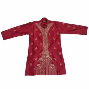 Boys Indian Kutra Tunic Top Red Gold Embroidery Beaded Sequins Size 4 Ethnic